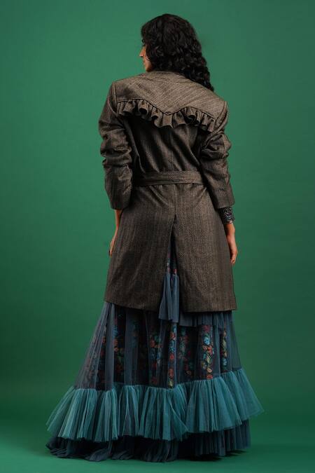 Shop_Nidhi Yasha_Green Viscose Lapel Collar Embroidered Jacket _Online_at_Aza_Fashions