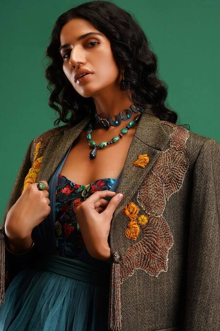 Nidhi Yasha_Green Viscose Lapel Collar Embroidered Jacket _at_Aza_Fashions