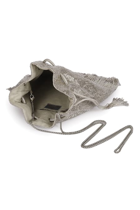 Lovetobag_Silver Japanese Micro Bead Firante Potli With Handle _at_Aza_Fashions