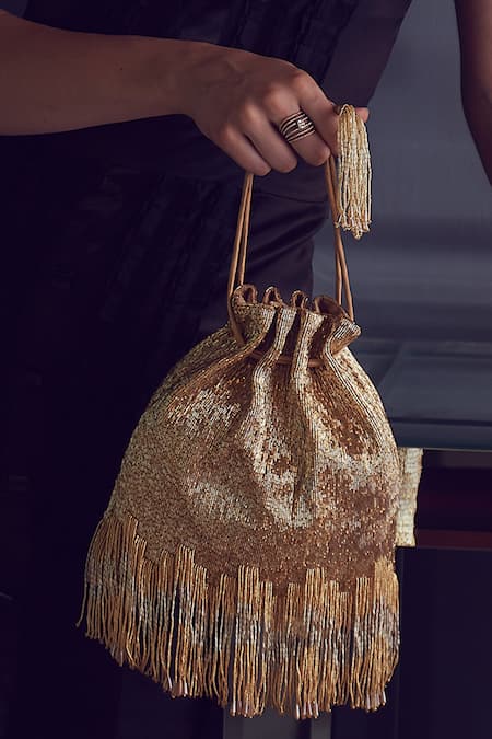 Lovetobag Gold Embellished Firante Potli Bag With Handle 