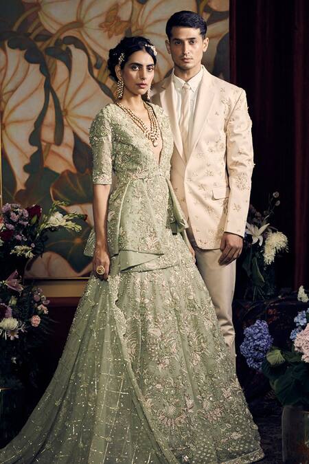 Sahil Kochhar Green Silk Organza Embroidery, Zari Plunge Firdaus Flower Lehenga With Blouse Online at Aza Fashions Sahil Kochhar_Green Silk Organza Embroidery, Zari Plunge Firdaus Flower Lehenga With Blouse _Online_at_Aza_Fashions