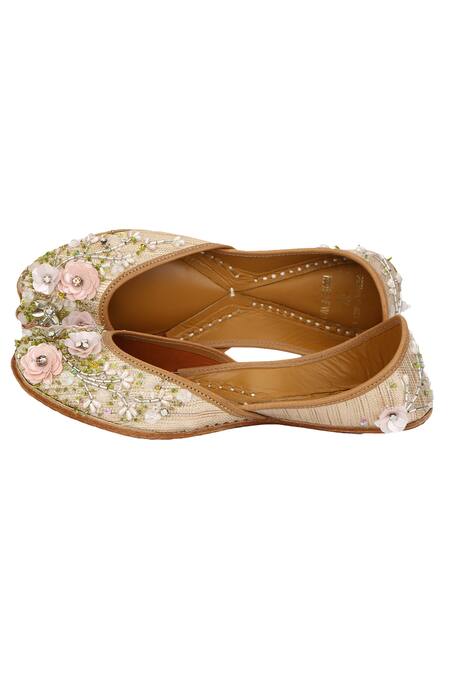 House Of Vian_Gold Floral Embellished Juttis _Online_at_Aza_Fashions