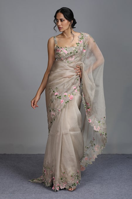 Anushree Reddy White Organza Saree With Unstitched Blouse For Women