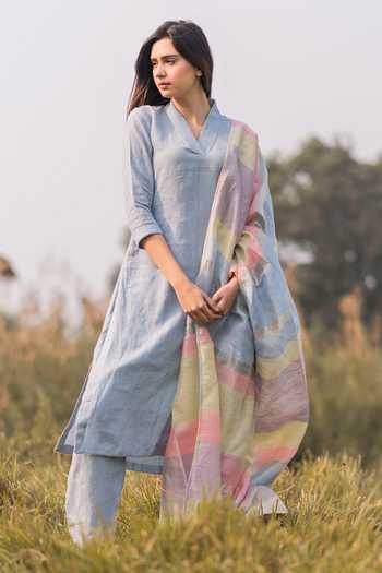 Buy_Vaani Beswal_Blue Firi Handwoven Linen Kurta Set_Online_at_Aza_Fashions
