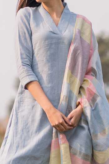 Shop_Vaani Beswal_Blue Firi Handwoven Linen Kurta Set_Online_at_Aza_Fashions