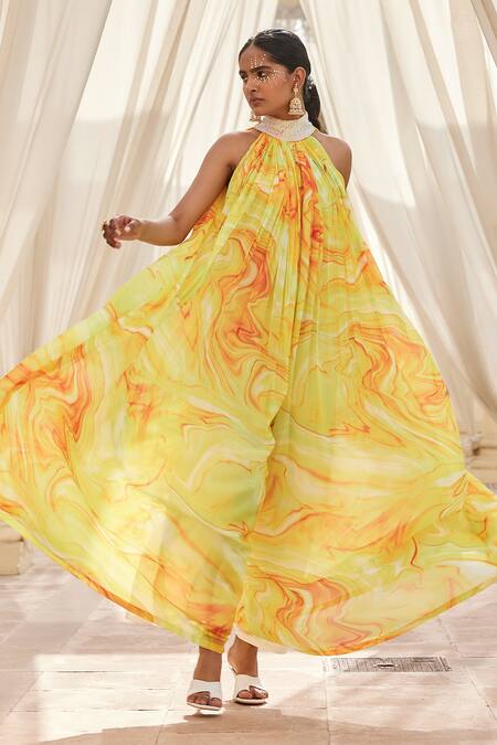 Nikita Vishakha_Yellow Georgette Motifs High Neck Flared Jumpsuit_Online_at_Aza_Fashions