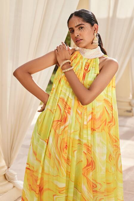Buy_Nikita Vishakha_Yellow Georgette Motifs High Neck Flared Jumpsuit_Online_at_Aza_Fashions