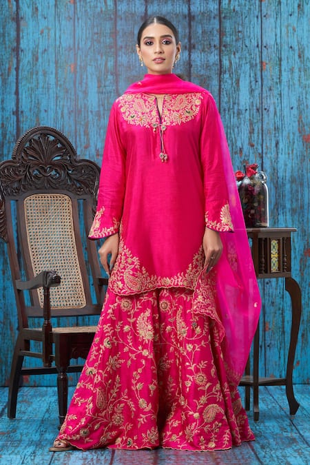 Label Niti Bothra Pink Silk Embroidered Floral Notched Kurta Sharara Set 