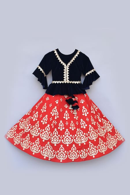 FAYON KIDS Velvet Embroidered Lehenga Set 