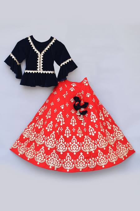 Fayon Kids_Red Velvet, Gingham, Cotton Zari, Embroidery Lehenga Set _Online_at_Aza_Fashions