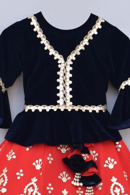 Buy_Fayon Kids_Red Velvet, Gingham, Cotton Zari, Embroidery Lehenga Set _Online_at_Aza_Fashions
