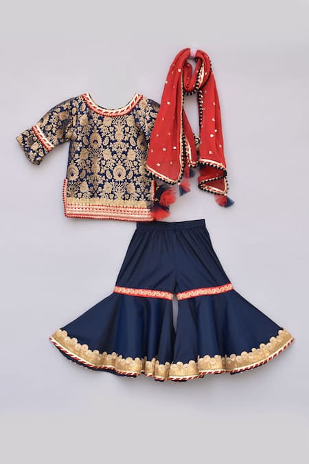 Fayon Kids Blue Brocade, Silk, Georgette Embroidery, Sequins Kurta And Sharara Set Online at Aza Fashions Fayon Kids_Blue Brocade, Silk, Georgette Embroidery, Sequins Kurta And Sharara Set _Online_at_Aza_Fashions