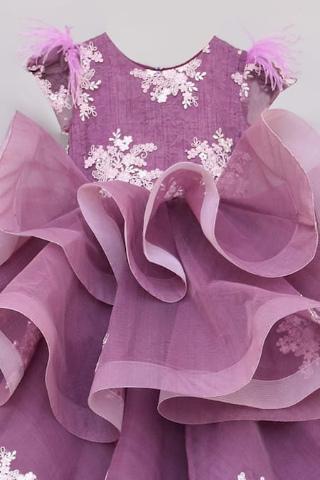Fayon Kids_Purple Cotton, Net, Denim Embroidery Ruffle Gown _Online_at_Aza_Fashions