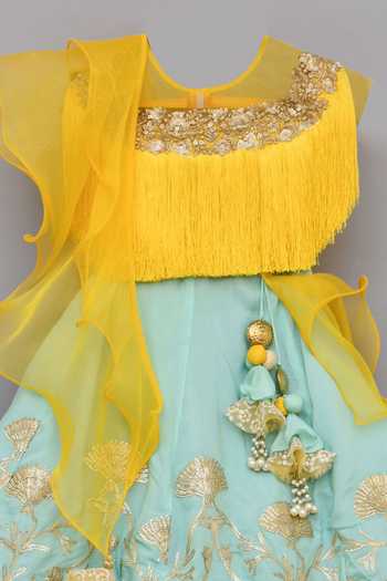 FAYON KIDS_Blue Organza, Modal Tassels, Embroidery Floral Aqua Lehenga Set _Online_at_Aza_Fashions