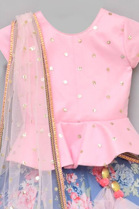 Fayon Kids_Blue Silk, Cotton, Net, Satin Sequins Printed Lehenga Set _Online_at_Aza_Fashions