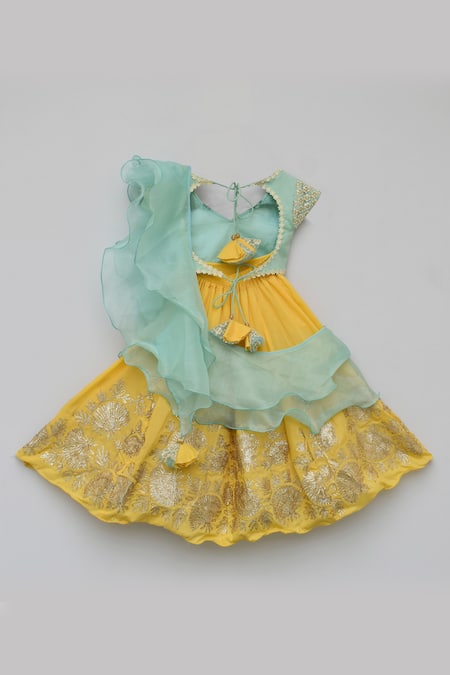Shop_Fayon Kids_Yellow Organza, Modal Tassels, Sequins Embroidered Lehenga Set _at_Aza_Fashions