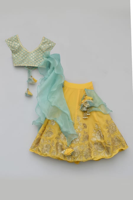 Fayon Kids_Yellow Organza, Modal Tassels, Sequins Embroidered Lehenga Set _Online_at_Aza_Fashions
