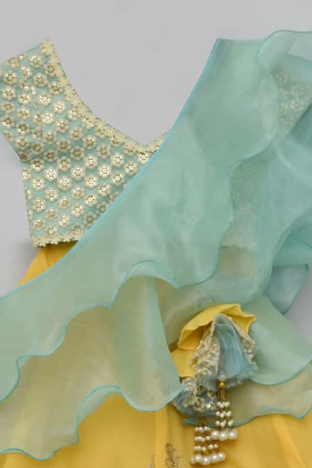 Buy_Fayon Kids_Yellow Organza, Modal Tassels, Sequins Embroidered Lehenga Set _Online_at_Aza_Fashions