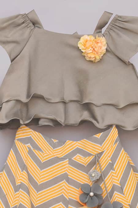 Buy_Fayon Kids_Grey Silk, Cotton Tassels, Fabric Flowers Embellished Lehenga Set _Online_at_Aza_Fashions