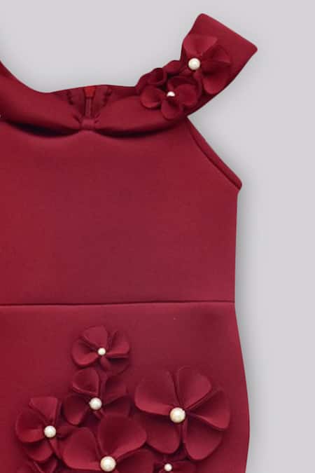 Fayon Kids_Maroon Lycra Fabric Flowers, Pearls Floral Fish Cut Dress _Online_at_Aza_Fashions