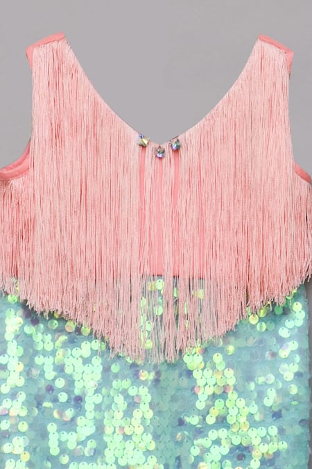 Fayon Kids_Peach Silk Sequins, Fringe Embellished Dress _Online_at_Aza_Fashions