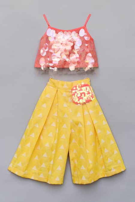 Fayon Kids Yellow Cotton Sequins Embellished Palazzo Set 