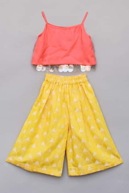Shop_Fayon Kids_Yellow Cotton Sequins Embellished Palazzo Set _at_Aza_Fashions