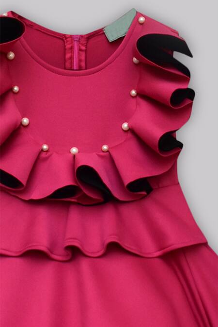 Fayon Kids_Pink Lycra Beads Flared Ruffle Dress _Online_at_Aza_Fashions
