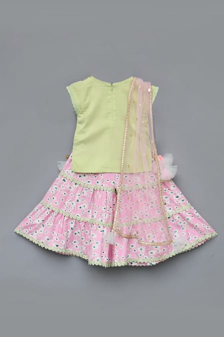 Shop_Fayon Kids_Green Cotton, Silk, Rayon, Net Sequins, Lace, Embroidered Kurta Sharara Set _at_Aza_Fashions