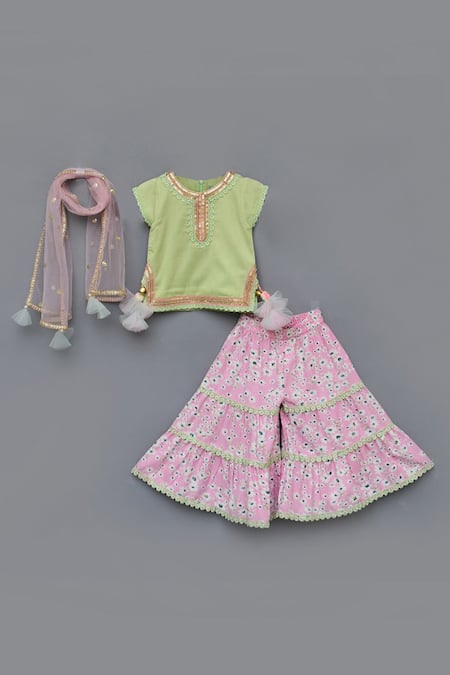 Fayon Kids_Green Cotton, Silk, Rayon, Net Sequins, Lace, Embroidered Kurta Sharara Set _Online_at_Aza_Fashions