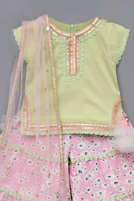 Buy_Fayon Kids_Green Cotton, Silk, Rayon, Net Sequins, Lace, Embroidered Kurta Sharara Set _Online_at_Aza_Fashions