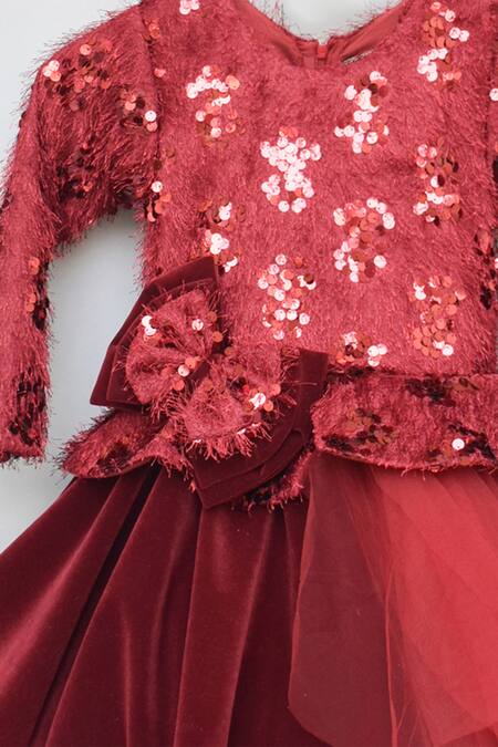 Fayon Kids_Maroon Sequins Embellished High Low Frock _Online_at_Aza_Fashions