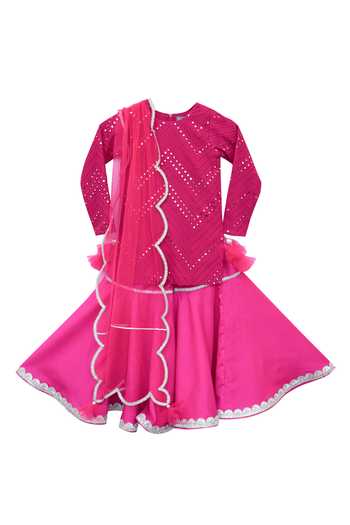 Campana Girls Uma Flared Kurta Sharara Set - Flowers & Stripes - Lime Green & Pink main image 0