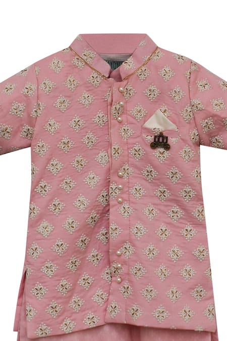 Fayon Kids_Pink Cotton, Silk Embroidery Sherwani Kurta Set _Online_at_Aza_Fashions