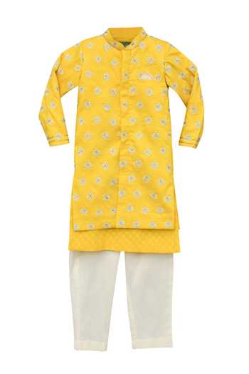 FAYON KIDS Yellow Floral Embroidered Sherwani Set 