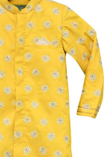 FAYON KIDS_Yellow Silk, Cotton Embroidery Floral Sherwani Set _Online_at_Aza_Fashions