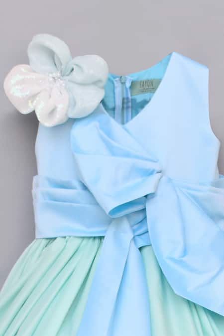 Fayon Kids_Blue Silk, Cotton, Shantoon Bows Detail Asymmetric Gown _Online_at_Aza_Fashions