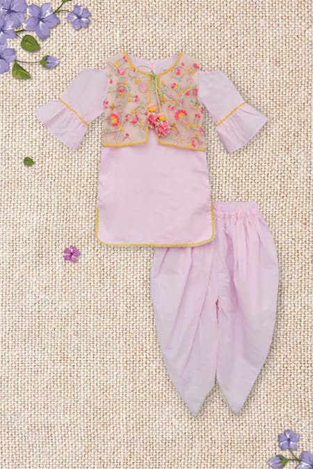Fayon Kids_Pink Cotton Tassels Embroidered Kurta Set _Online_at_Aza_Fashions