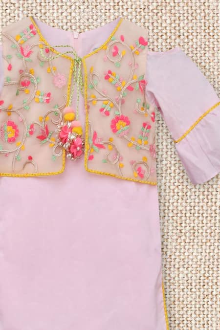 Buy_Fayon Kids_Pink Cotton Tassels Embroidered Kurta Set _Online_at_Aza_Fashions