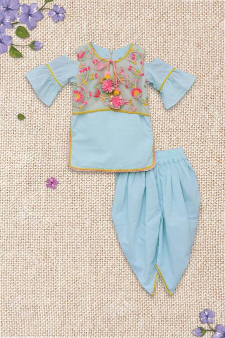 Fayon Kids Blue Cotton Tassels, Embroidery Kurta Set Online at Aza Fashions Fayon Kids_Blue Cotton Tassels, Embroidery Kurta Set _Online_at_Aza_Fashions