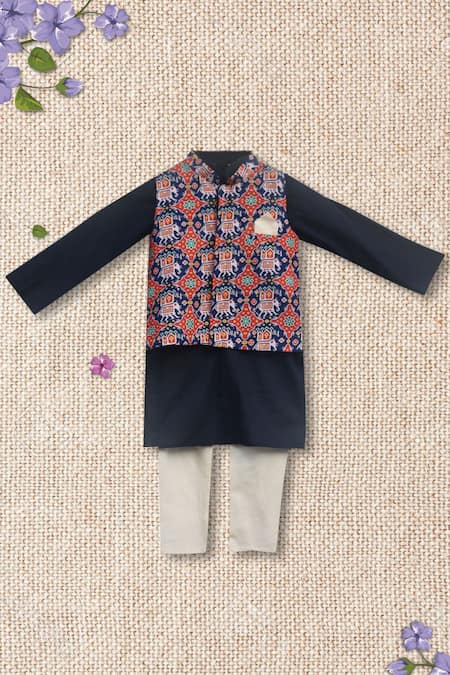 FAYON KIDS Navy Blue Printed Bundi Kurta Set 