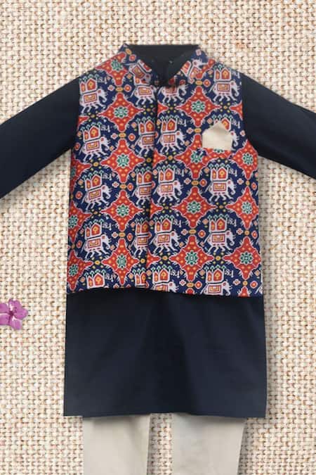 Fayon Kids_Blue , Satin Navy Printed Bundi Kurta Set _Online_at_Aza_Fashions