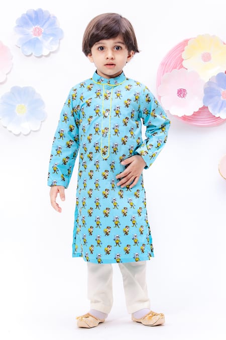 FAYON KIDS Blue Cotton Printed Kurta Set 