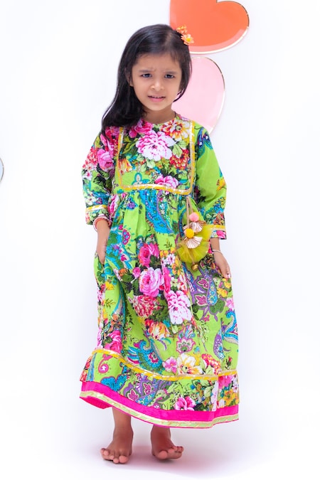 FAYON KIDS Green Cotton Printed Anarkali