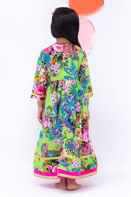 Shop Fayon Kids Green Cotton Embroidery Printed Anarkali at Aza Fashions Shop_Fayon Kids_Green Cotton Embroidery Printed Anarkali _at_Aza_Fashions