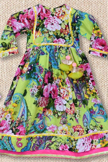 Fayon Kids Green Cotton Embroidery Printed Anarkali at Aza Fashions Fayon Kids_Green Cotton Embroidery Printed Anarkali _at_Aza_Fashions