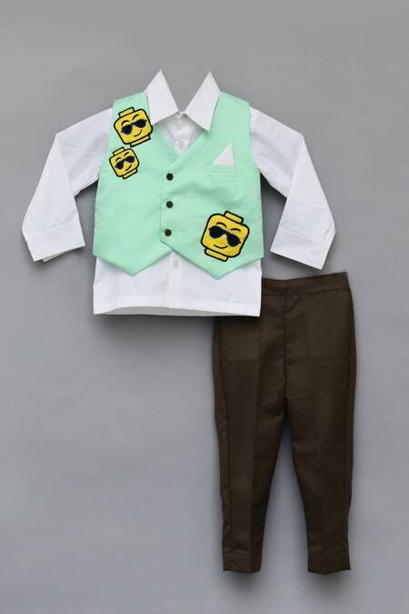 Fayon Kids_Green Silk, Cotton Embroidery Waistcoat And Shirt Set _Online_at_Aza_Fashions