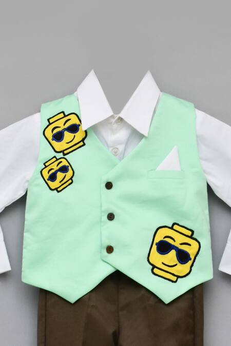 Buy_Fayon Kids_Green Silk, Cotton Embroidery Waistcoat And Shirt Set _Online_at_Aza_Fashions