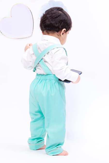 Shop Fayon Kids White Cotton Applique Floral Shirt And Aqua Pant Set at Aza Fashions Shop_Fayon Kids_White Cotton Applique Floral Shirt And Aqua Pant Set _at_Aza_Fashions