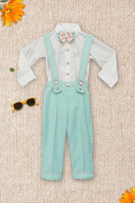Fayon Kids White Cotton Applique Floral Shirt And Aqua Pant Set Online at Aza Fashions Fayon Kids_White Cotton Applique Floral Shirt And Aqua Pant Set _Online_at_Aza_Fashions